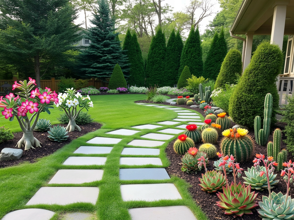 Jardim com flores do deserto e caminho de pedras
